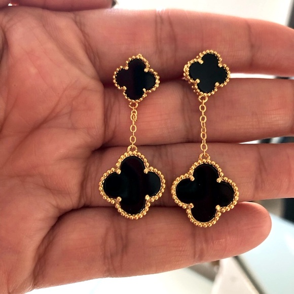 Black Onyx Clover Quatrefoil Drop Gold Earrings - Picture 3 of 8